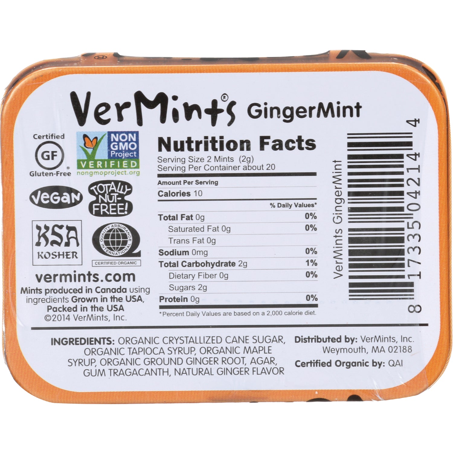 VER002 | Back of VerMints GingerMint tin with Nutrition Facts, ingredients, certifications, and barcode