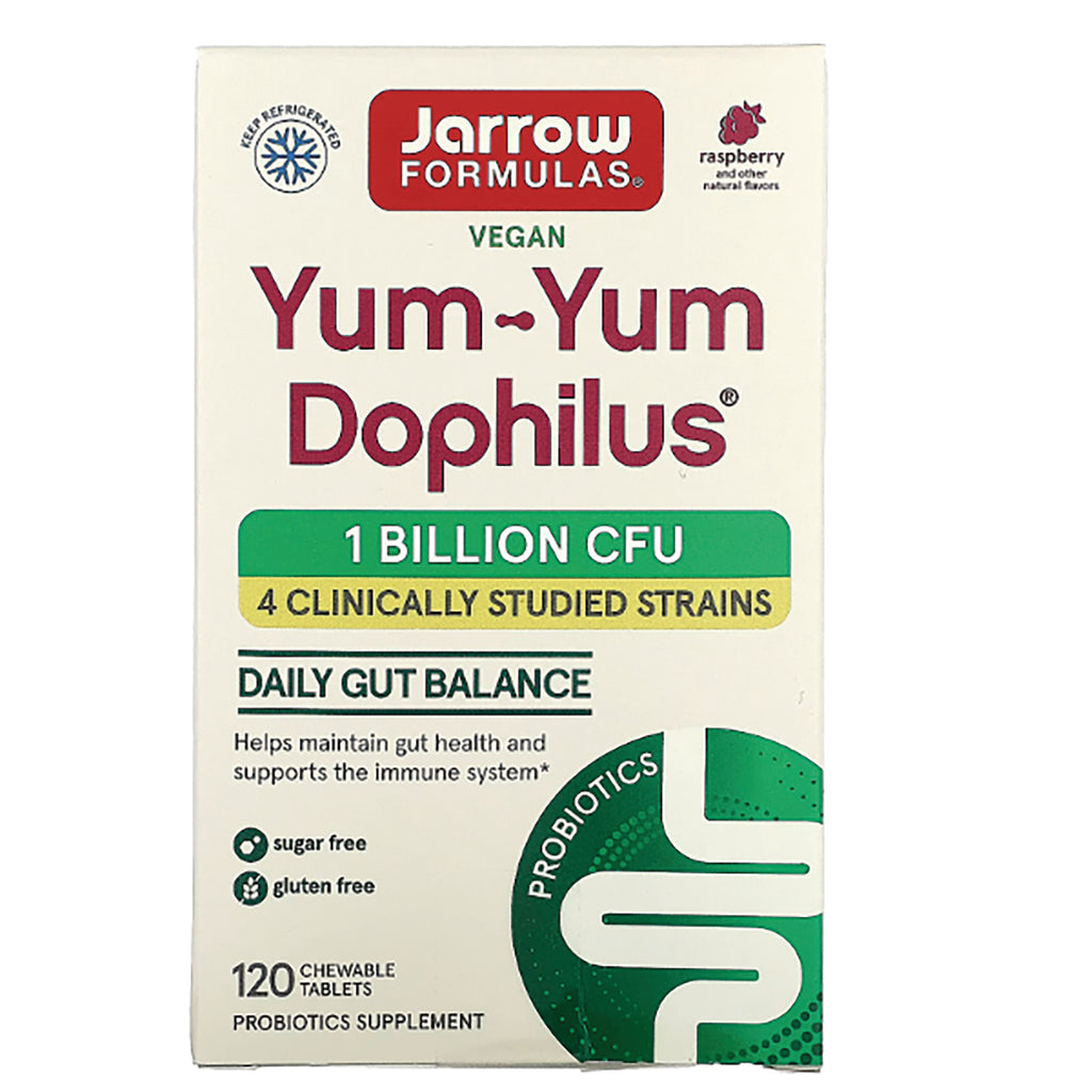 JR351 | Jarrow Formulas Yum-Yum Dophilus probiotic box front showing 1 billion CFU, vegan, 120 chewable tablets - Thumbnail