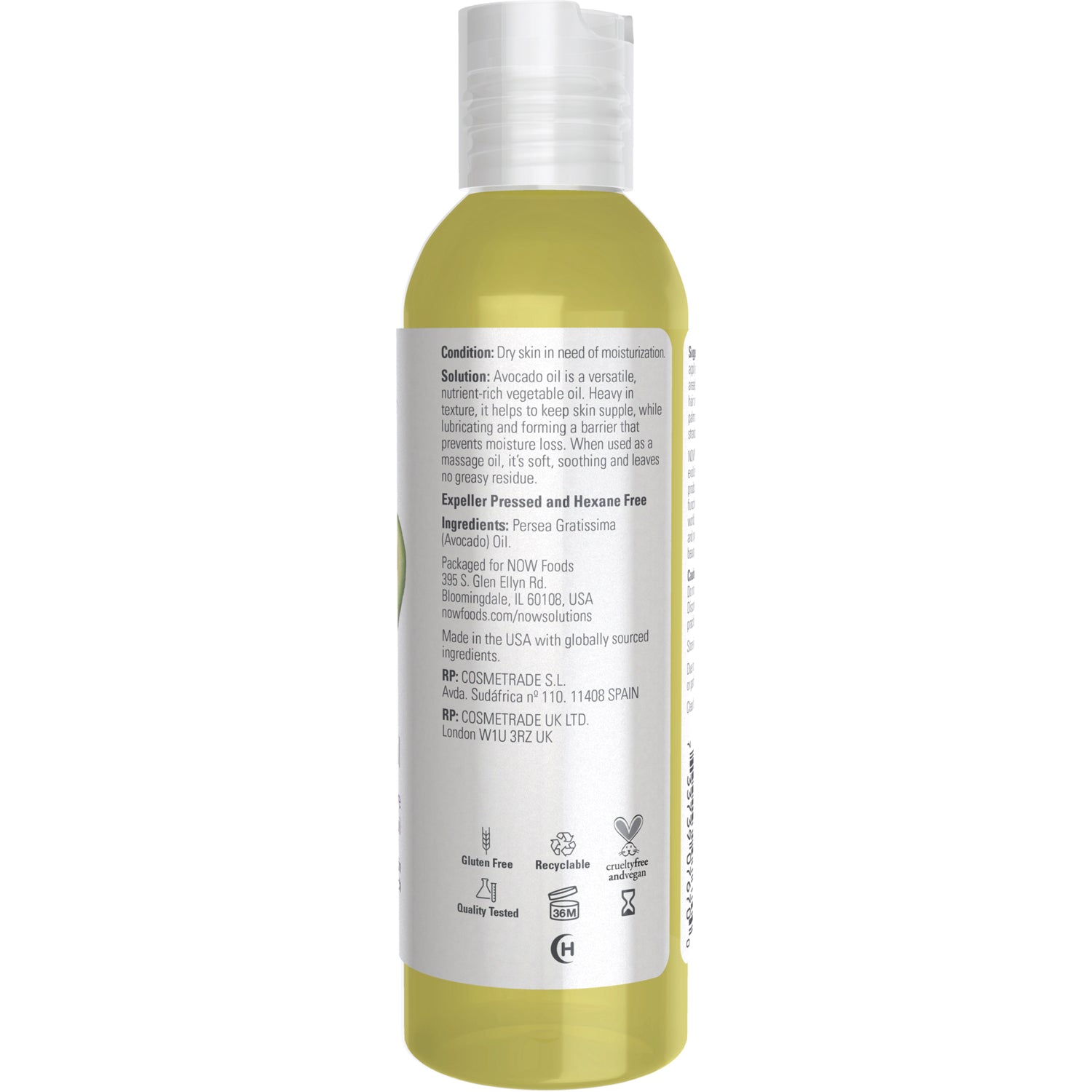NWF284 | Back label of yellow clear bottle showing ingredients text, usage details and certification icons