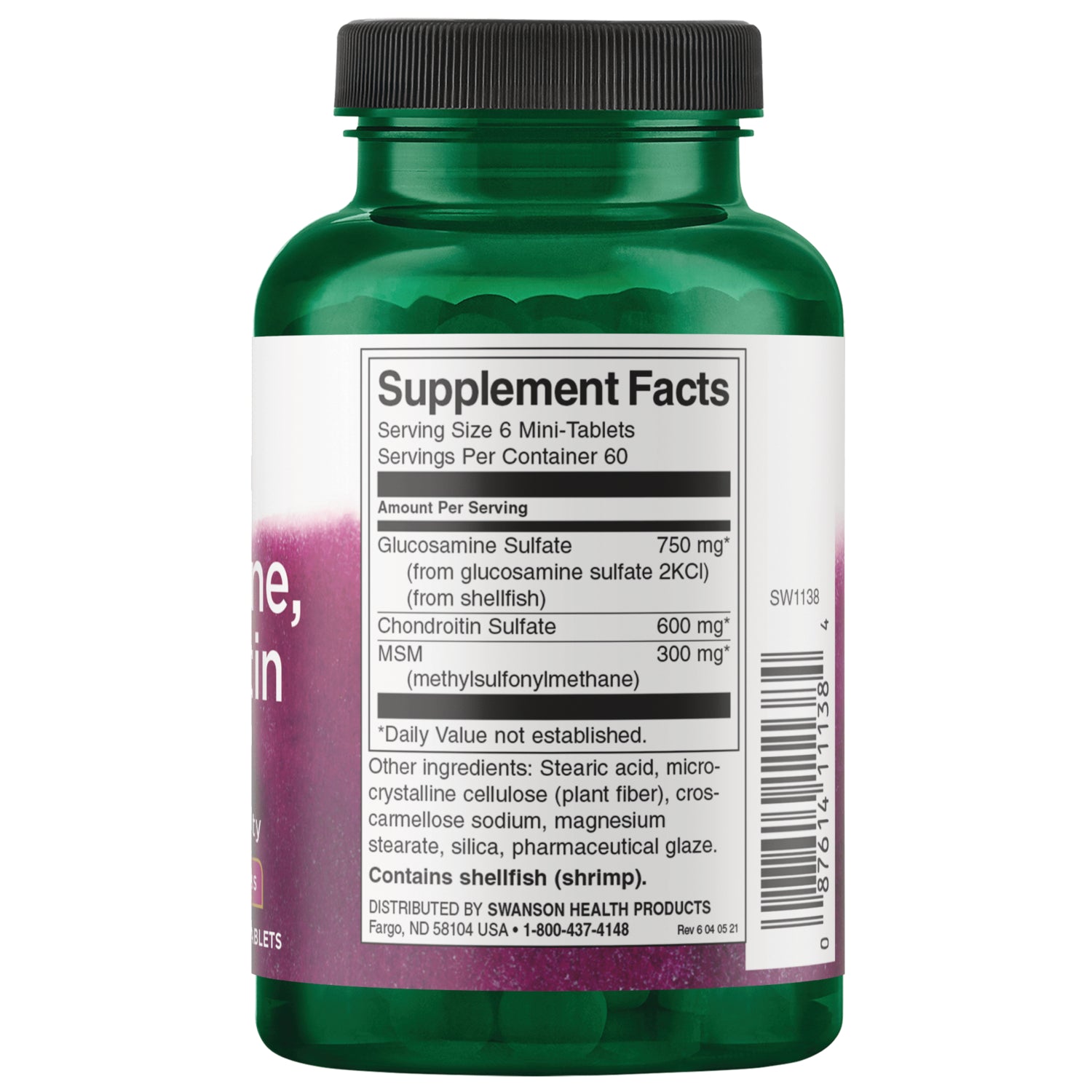 SW1138 | Back of supplement bottle with Supplement Facts panel and ingredients; serving size 6 mini-tablets