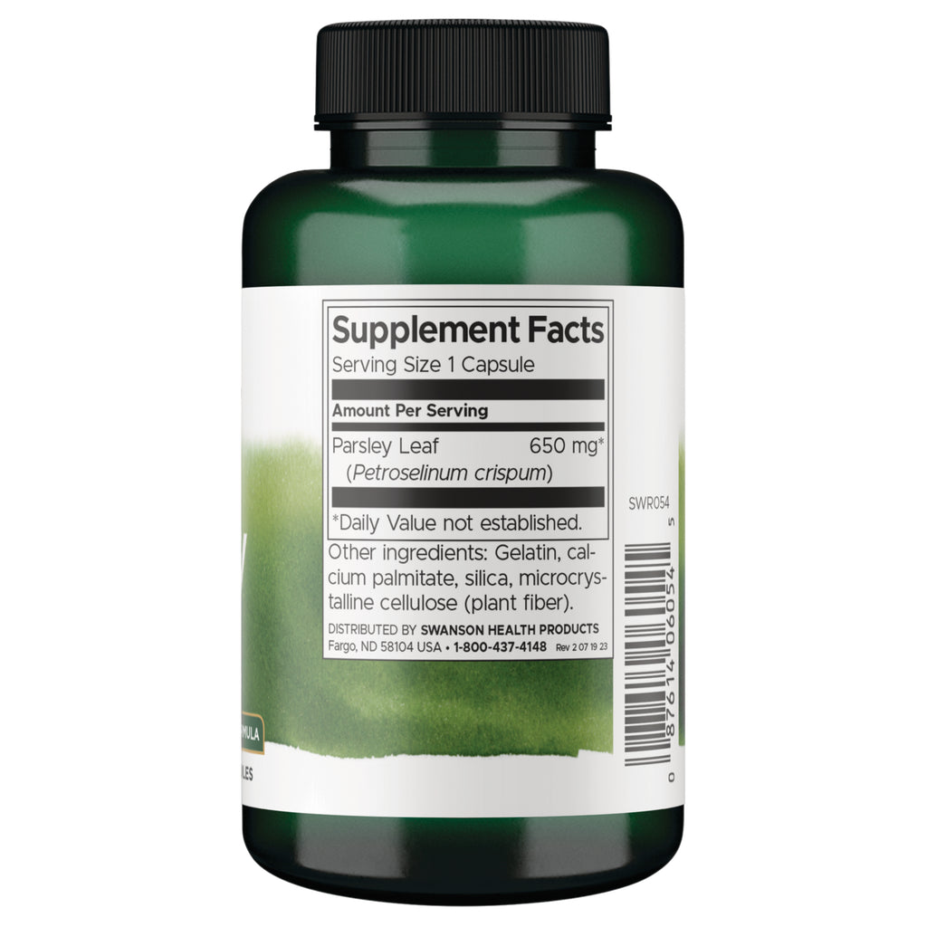 SWR054 | Back label showing Supplement Facts: Serving Size 1 Capsule; Parsley Leaf 650 mg - Thumbnail