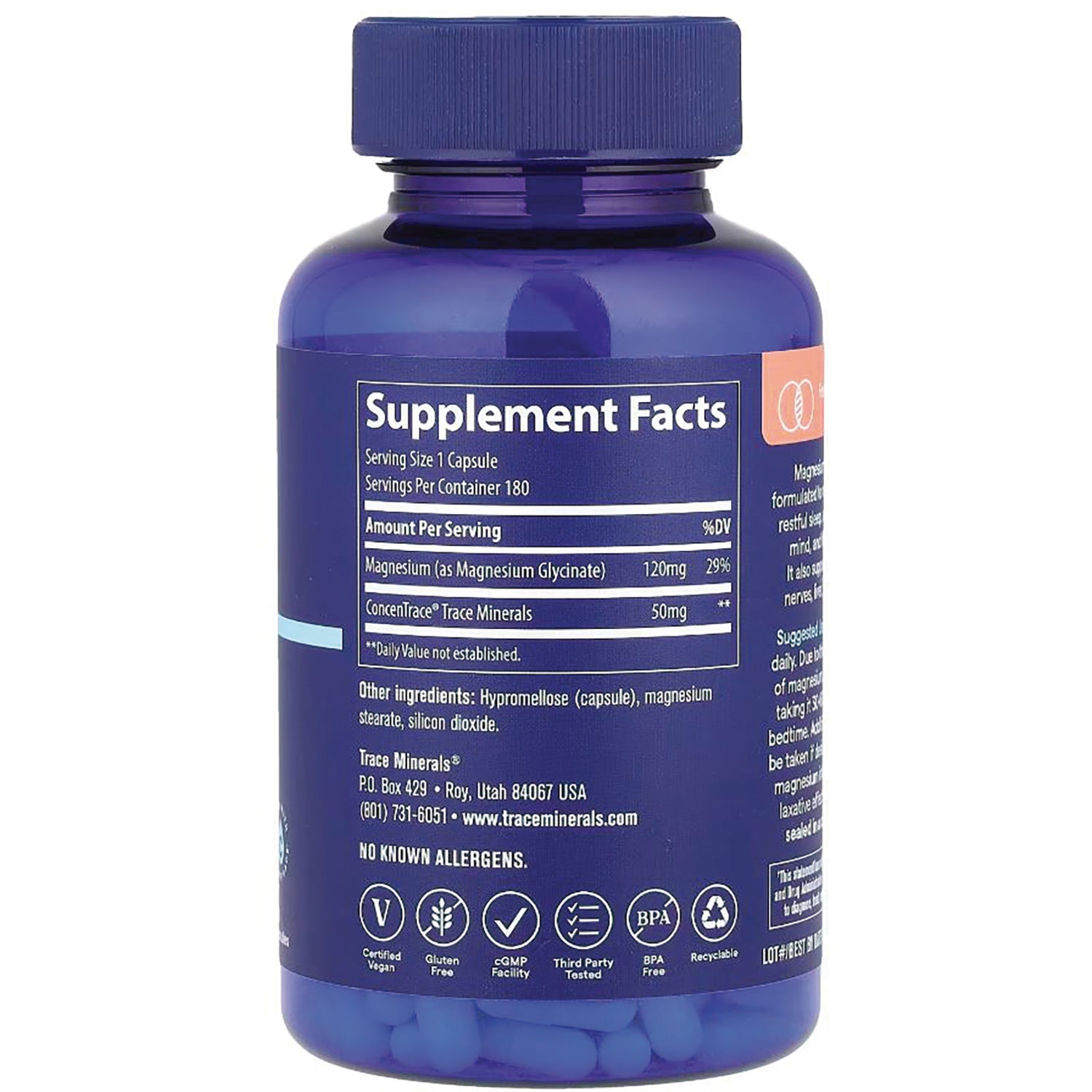TM152 | Back label with Supplement Facts: Serving Size 1 capsule, Magnesium (as glycinate) 120 mg, Trace Minerals 50 mg