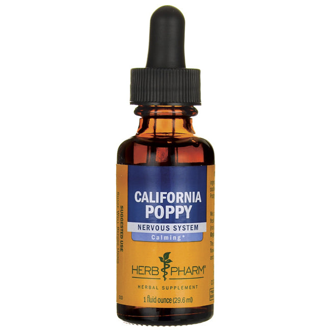 HPH008 | amber glass dropper bottle labeled CALIFORNIA POPPY Nervous System Calming, Herb Pharm 1 fluid ounce