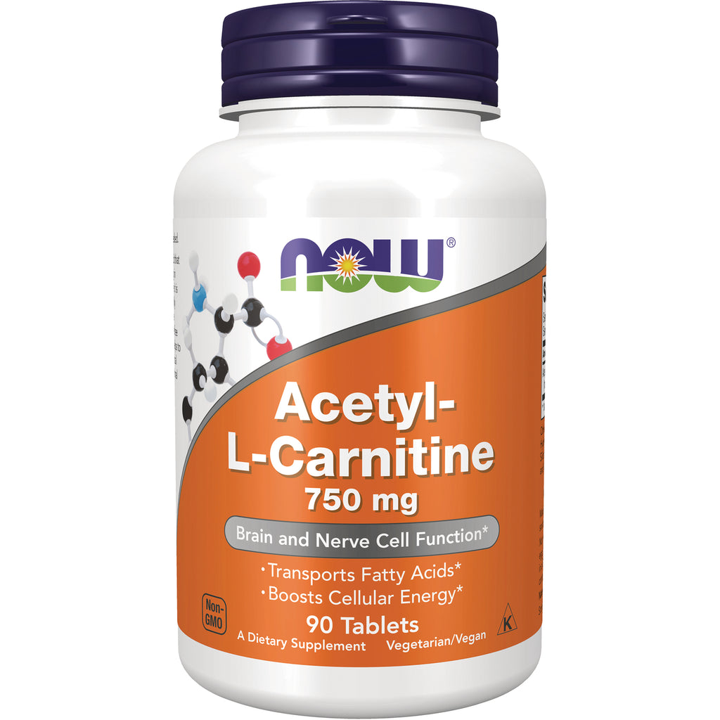 NWF166 | NOW Acetyl-L-Carnitine 750 mg white bottle with orange label, 90 tablets, vegetarian/vegan - Thumbnail