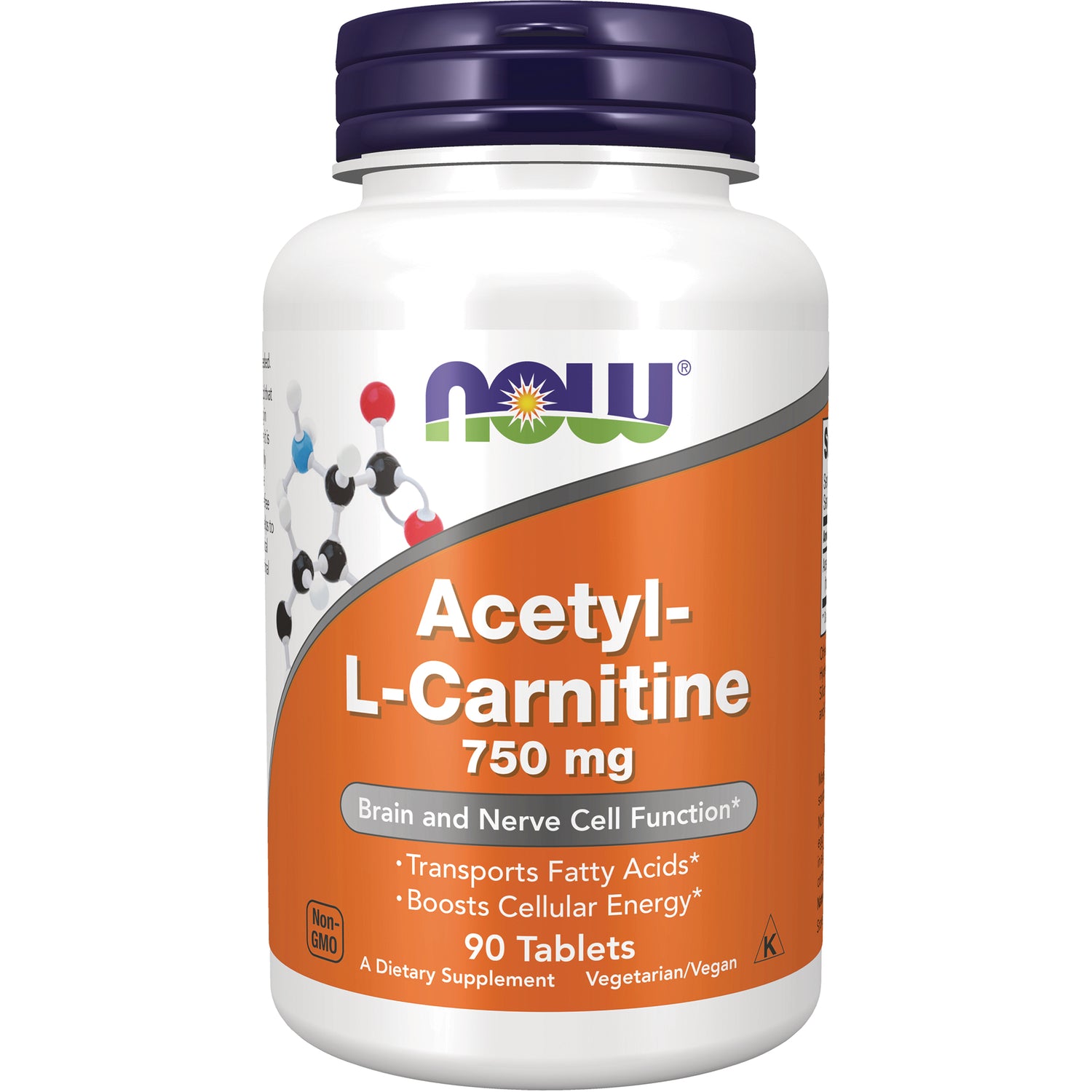 NWF166 | NOW Acetyl-L-Carnitine 750 mg white bottle with orange label, 90 tablets, vegetarian/vegan