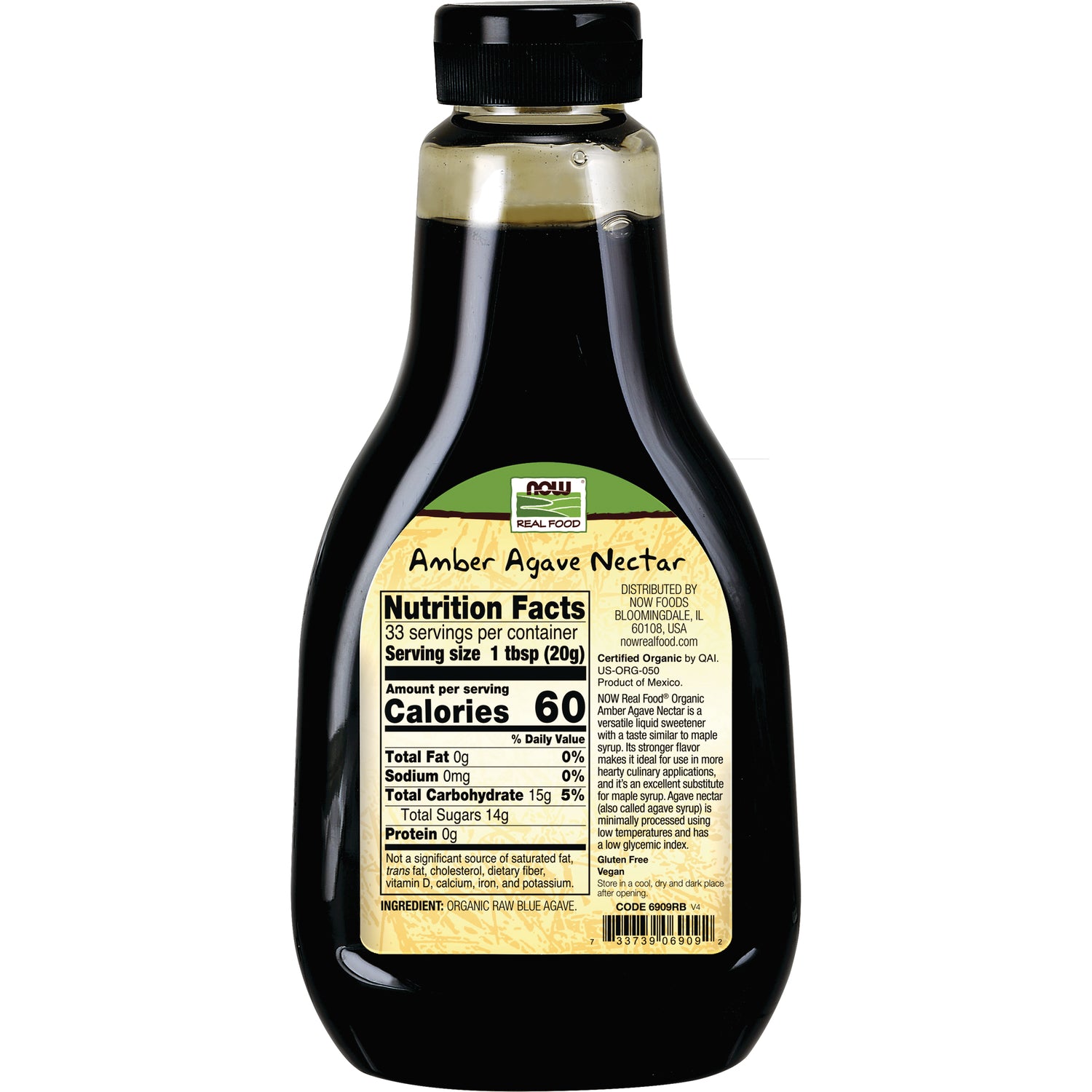NWF1221 | Back label of amber agave nectar bottle showing Nutrition Facts and ingredient list
