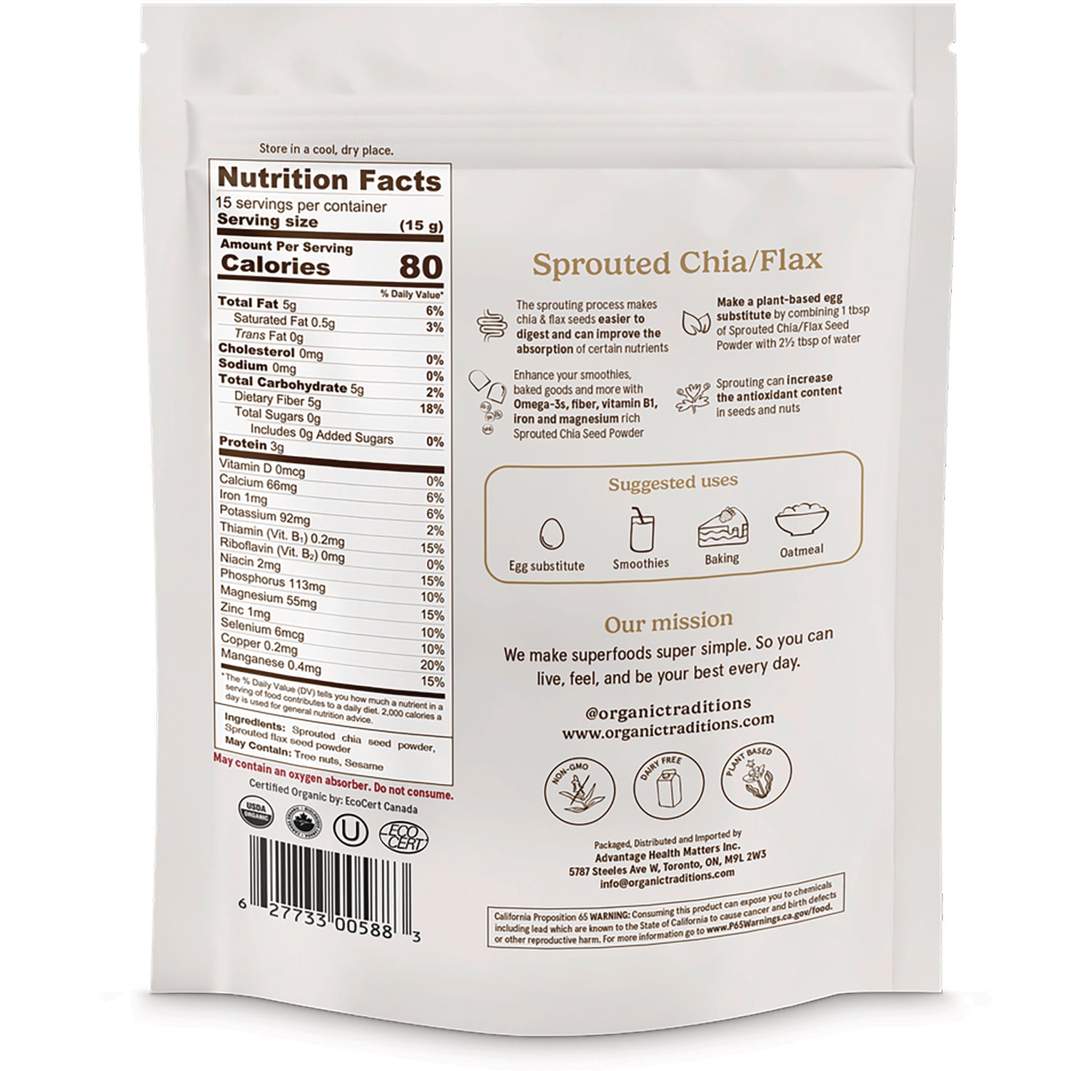 OTR086 | Back of white resealable pouch showing Nutrition Facts, Sprouted Chia/Flax label, suggested uses and barcode