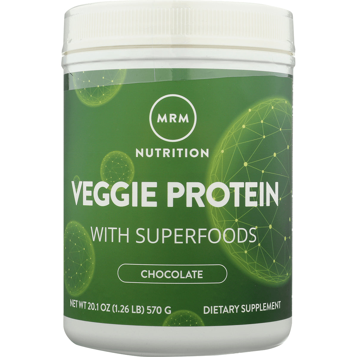 MRM016 | Green MRM Nutrition Veggie Protein container, chocolate flavor, front label showing VEGGIE PROTEIN with SUPERFOODS