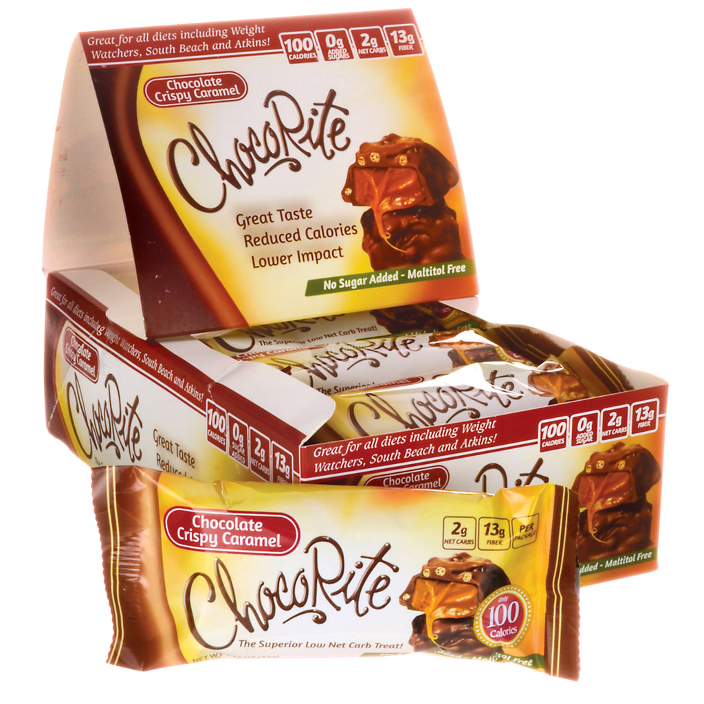 CHR006 | box of ChocoRite Chocolate Crispy Caramel bars showing front packaging and wrapped bars - Thumbnail