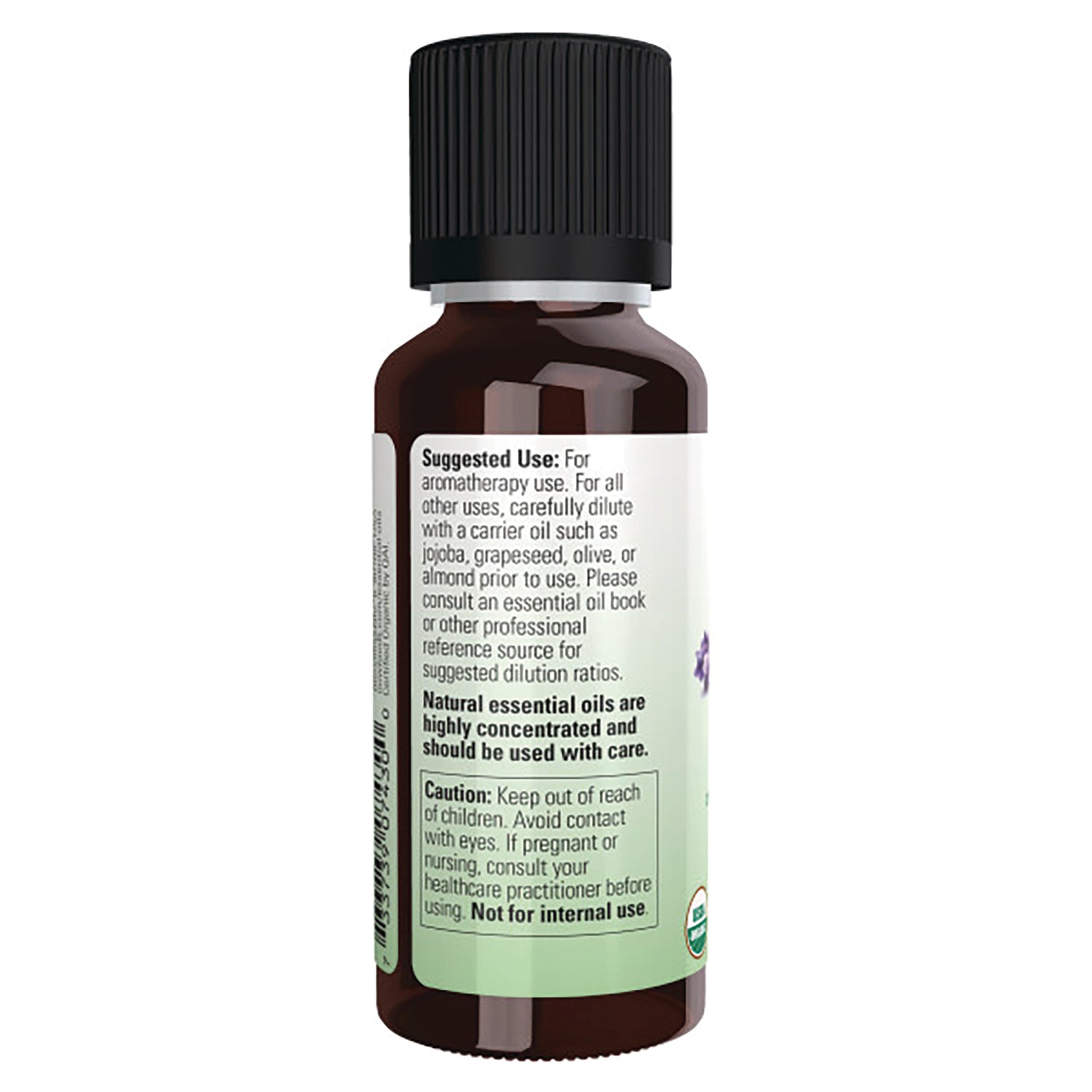 NWF616 | Back label of amber essential oil bottle showing suggested use, caution and dilution instructions