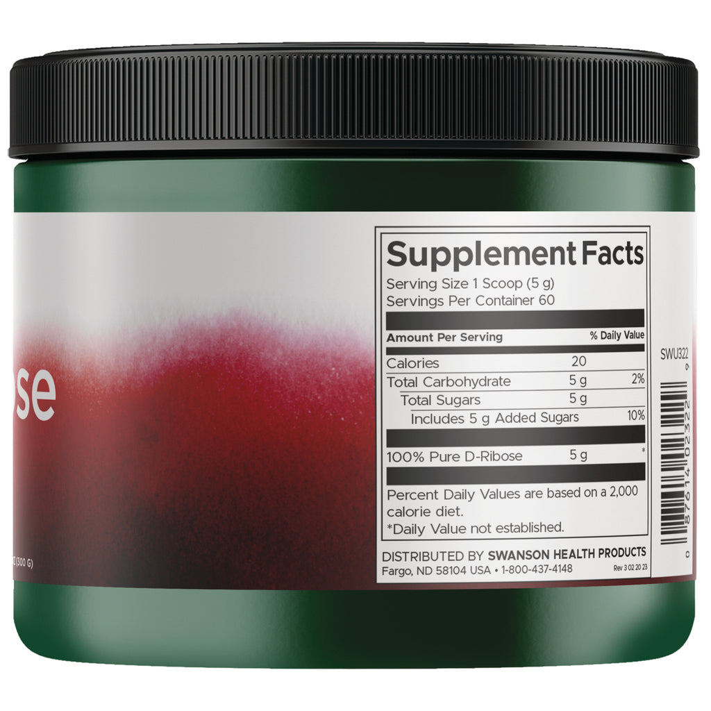 SWU322 | Back label with Supplement Facts: serving size 1 scoop (5 g), 60 servings, 100% pure D-Ribose 5 g - Thumbnail