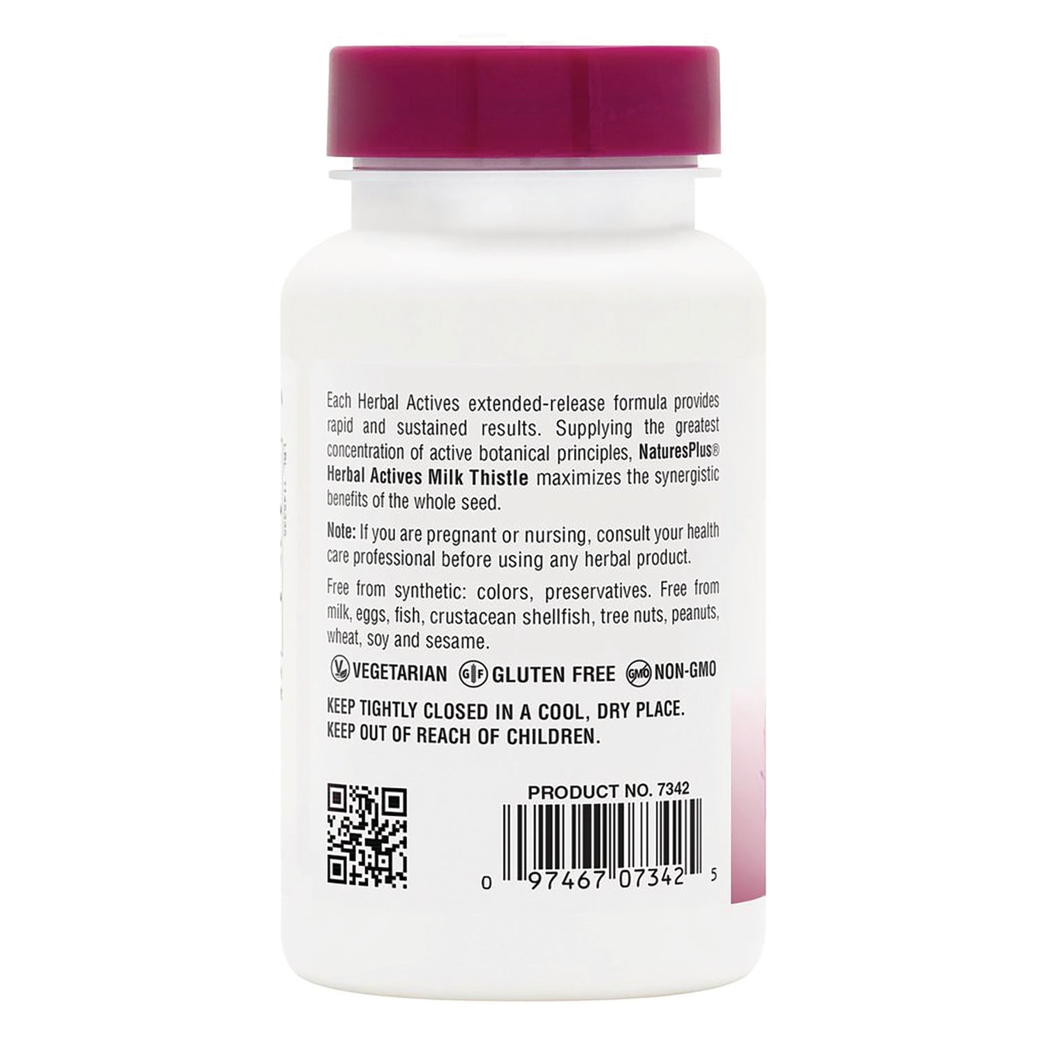 NTP020 | Back label of Nature's Plus Herbal Actives Milk Thistle bottle with product details, warnings, and barcode