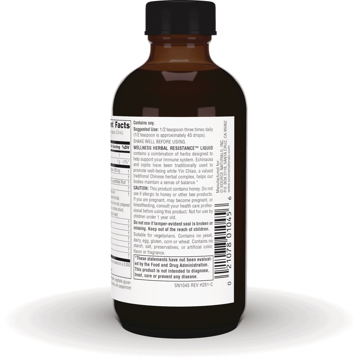 SN227 | Back label of Wellness Herbal Resistance liquid bottle with supplement facts, suggested use, cautions, and barcode
