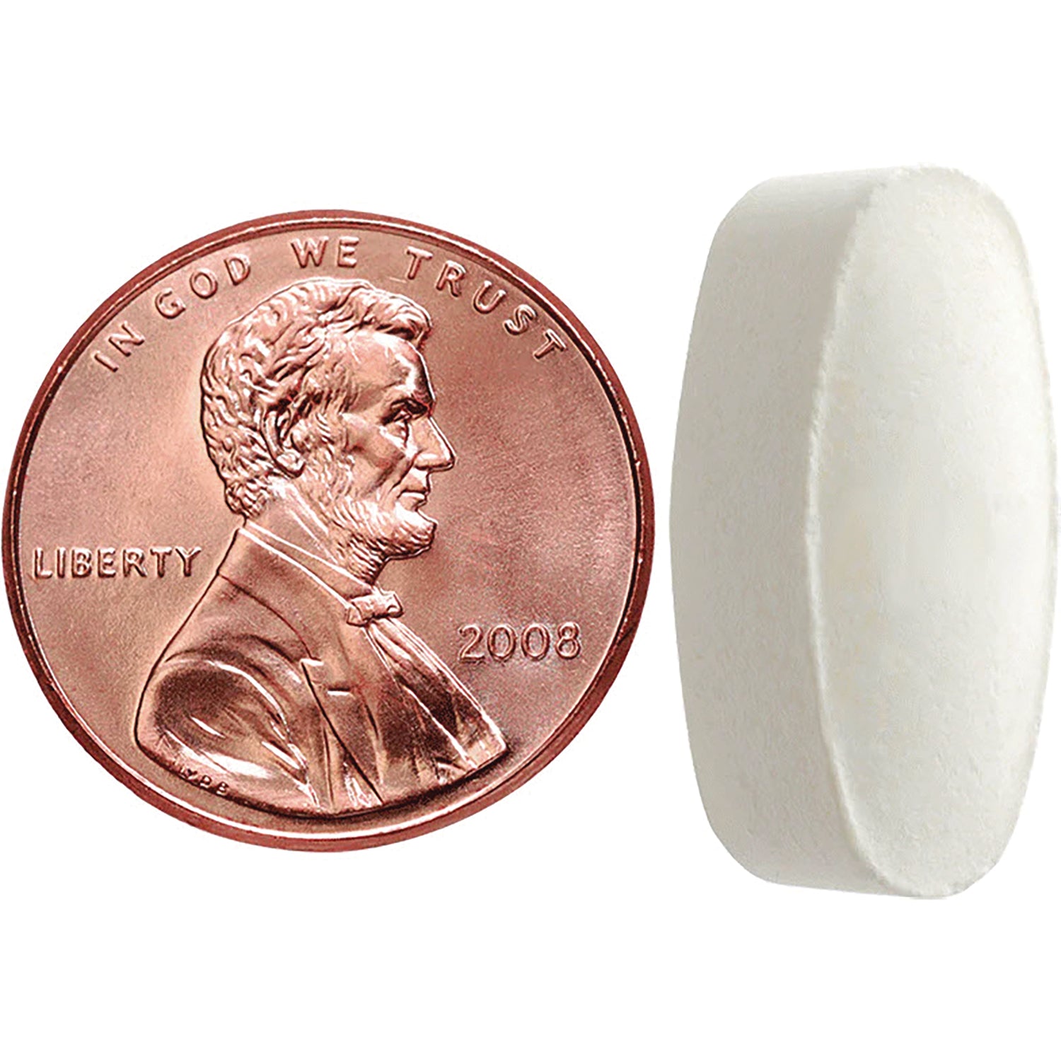 NTM106 | oblong white tablet shown next to a U.S. penny for size comparison
