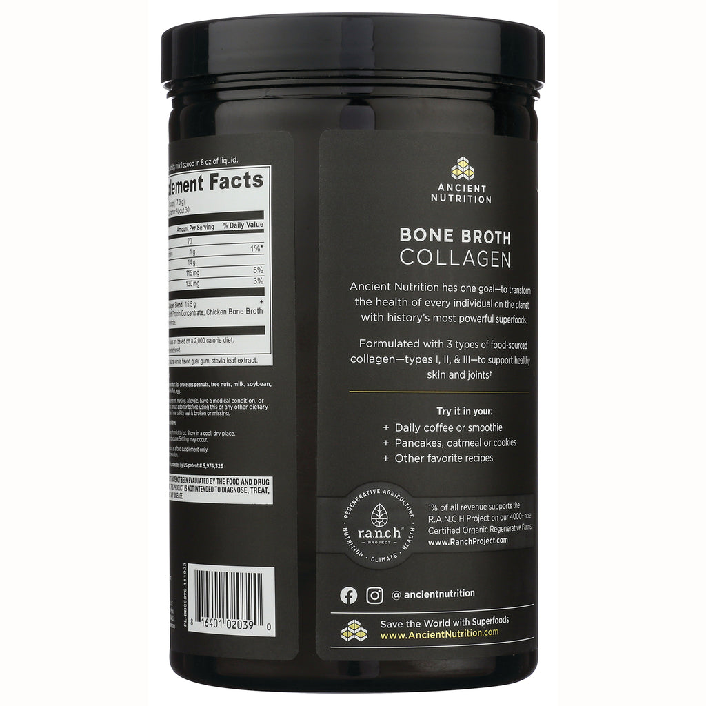 Ancient Nutrition BONE BROTH COLLAGEN back label showing supplement facts panel, usage suggestions, and barcode - Thumbnail