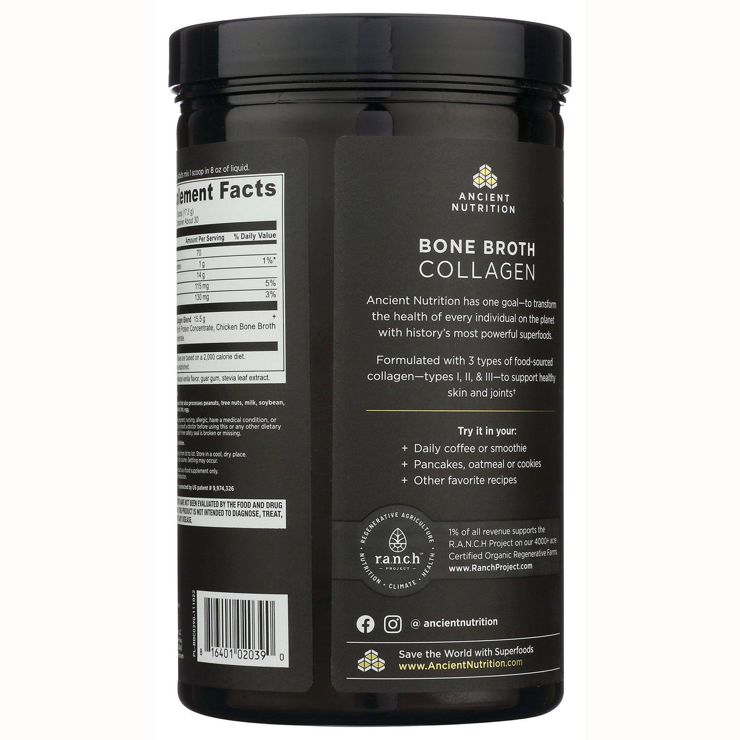 Ancient Nutrition BONE BROTH COLLAGEN back label showing supplement facts panel, usage suggestions, and barcode