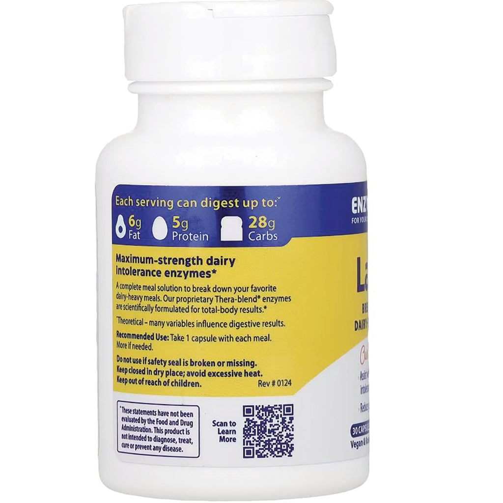 EMD014 | Back label of white supplement bottle showing maximum-strength dairy intolerance enzymes text, usage directions, and QR code - Thumbnail