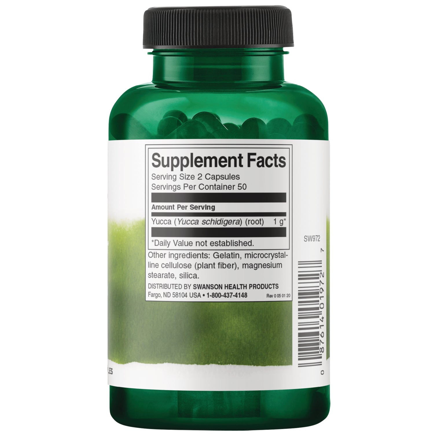 SW972 | Back label with Supplement Facts: Serving Size 2 capsules; Yucca (Yucca schidigera) root 1 g