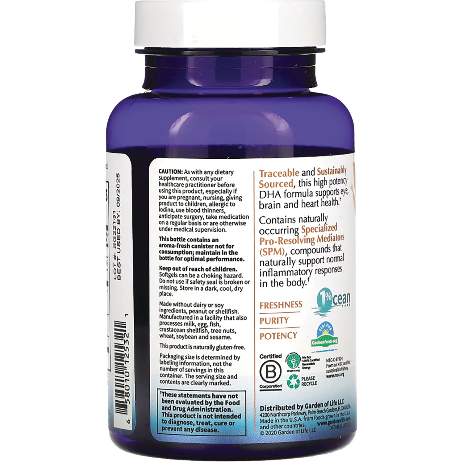 GLF323 | back label of blue supplement bottle showing caution, ingredient claims and certification logos