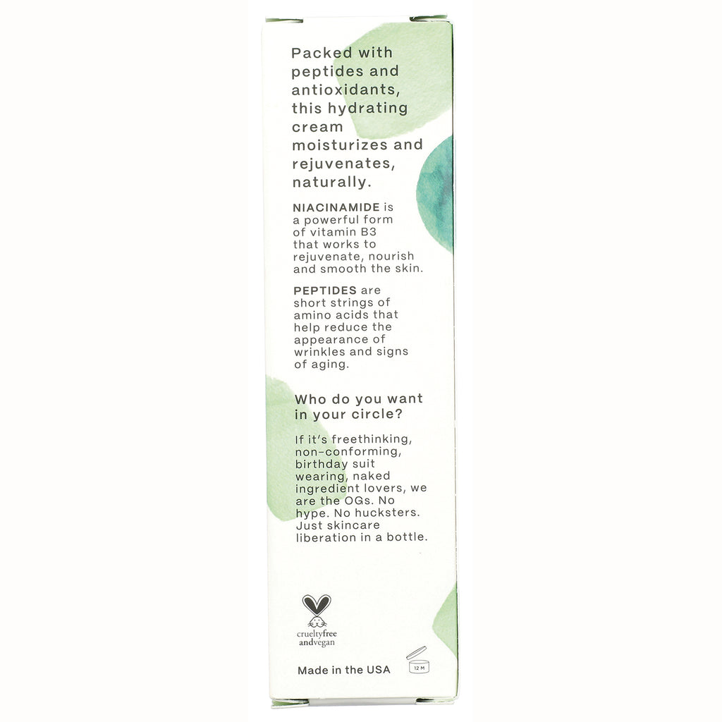 Back panel of skincare cream box showing text about peptides and niacinamide, cruelty free icon, and Made in the USA - Thumbnail