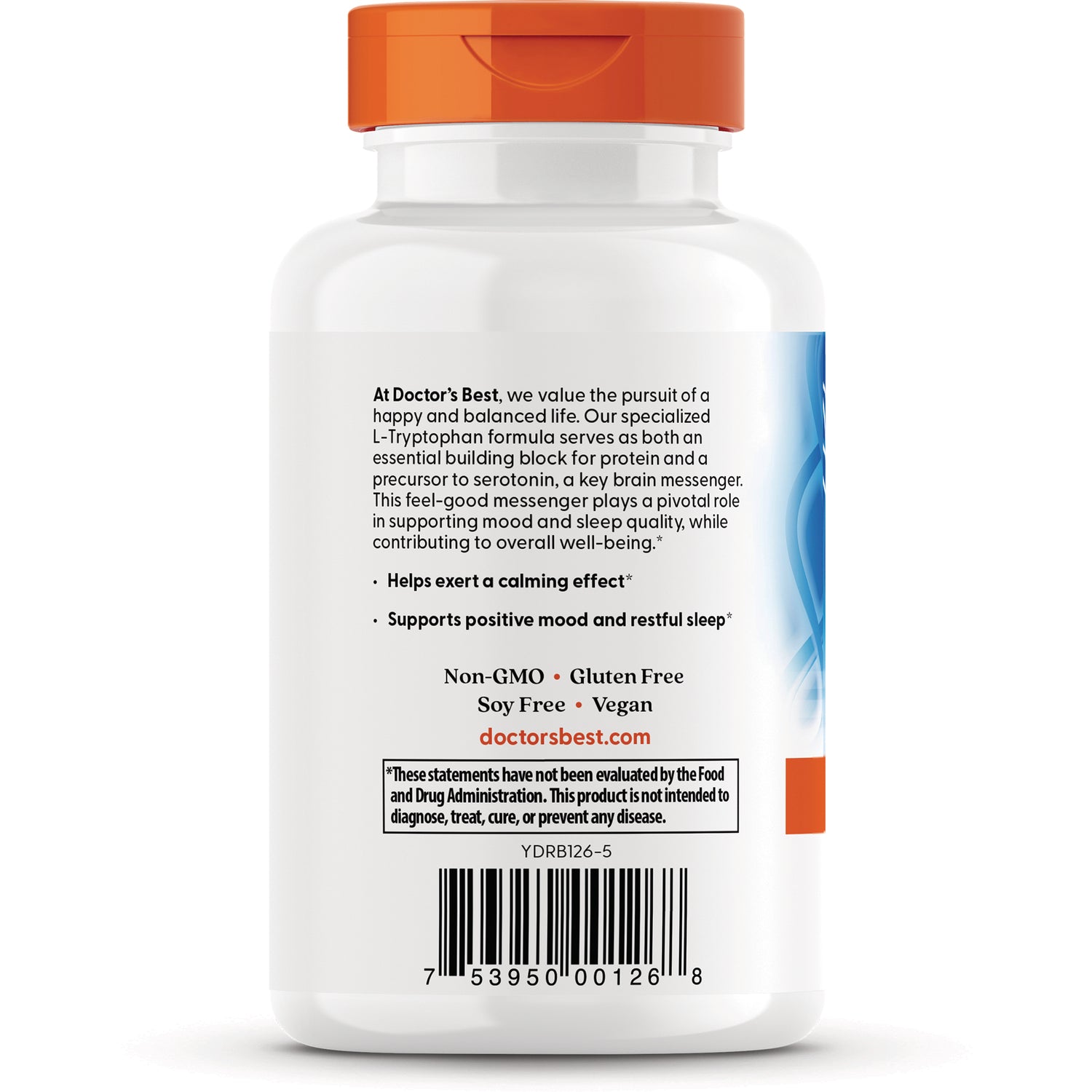 DB085 | Back of white supplement bottle with orange cap showing label text Non-GMO Gluten Free Vegan and barcode