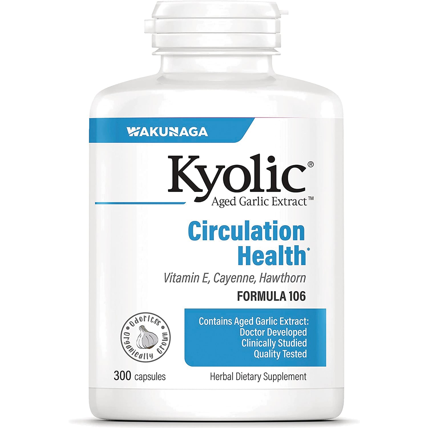 KY081 | Kyolic Aged Garlic Extract Circulation Health bottle showing Formula 106 label and 300 capsules
