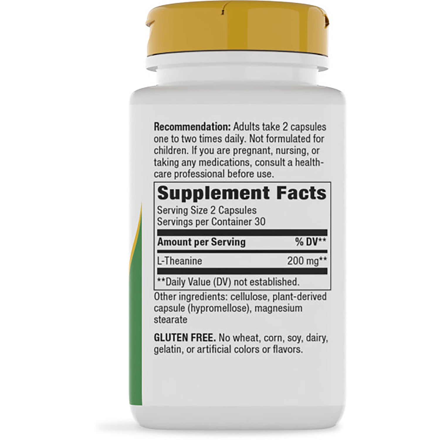 ET277 | Back of brown supplement bottle showing Supplement Facts label listing L-Theanine 200 mg and usage instructions