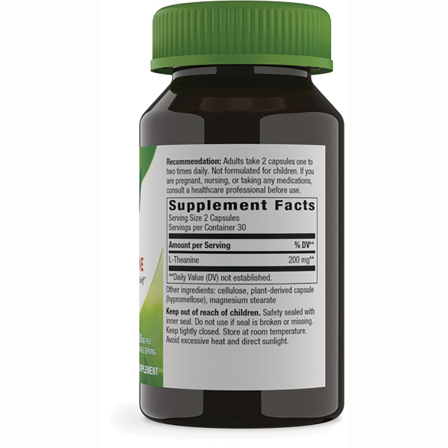 ET277 | Back of brown supplement bottle showing Supplement Facts label listing L-Theanine 200 mg and usage instructions