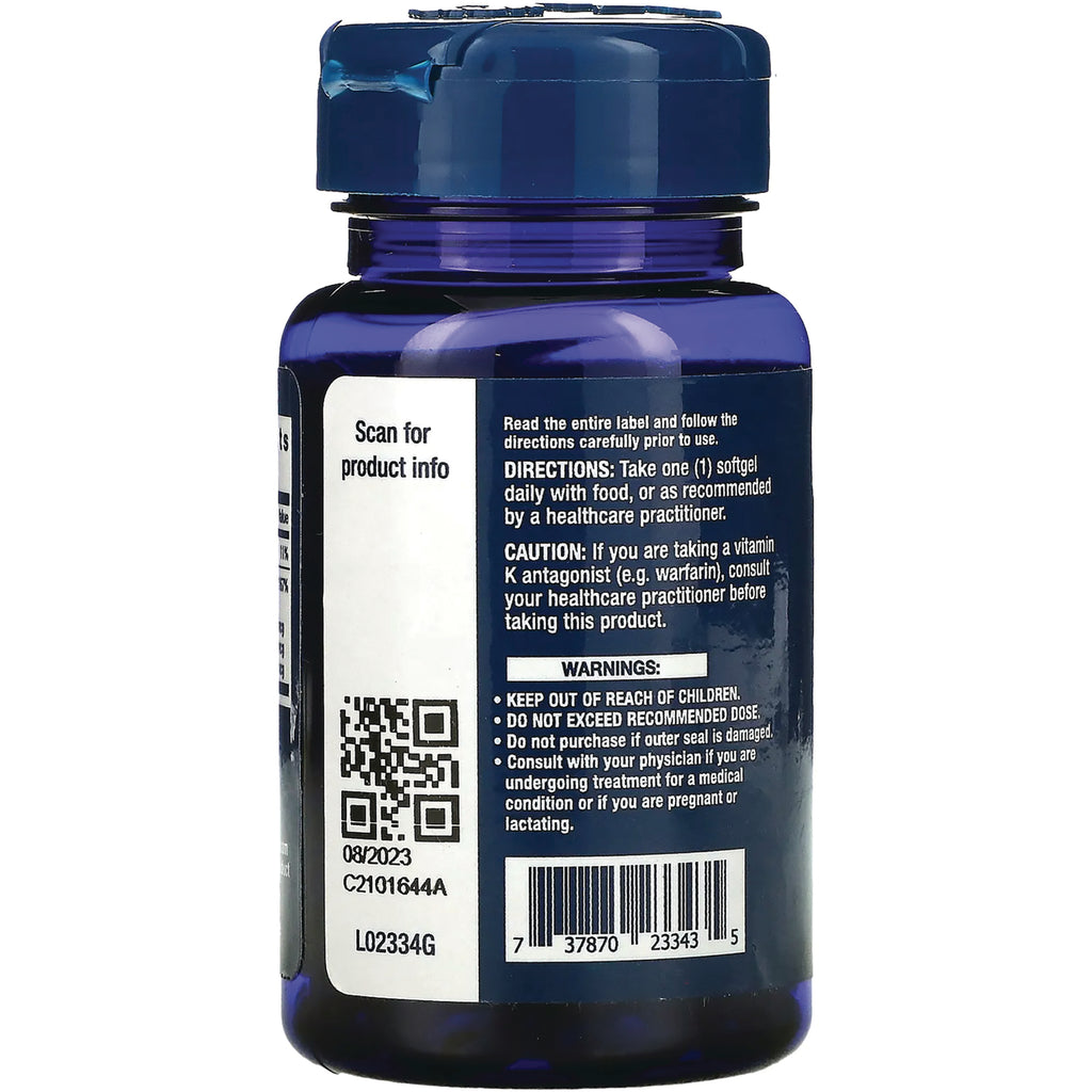 LE472 | Back of blue supplement bottle showing directions, warnings, QR code and barcode - Thumbnail