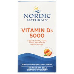 NRN105 | Nordic Naturals Vitamin D3 5000 IU box, great orange taste, 120 mini soft gels front packaging
