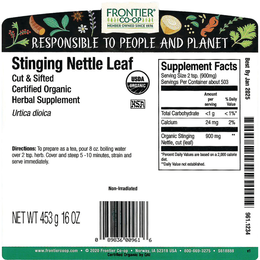 FNP018 | Back label of Frontier Co-op Stinging Nettle Leaf herbal supplement showing supplement facts, directions, barcode, net wt 453 g - Thumbnail