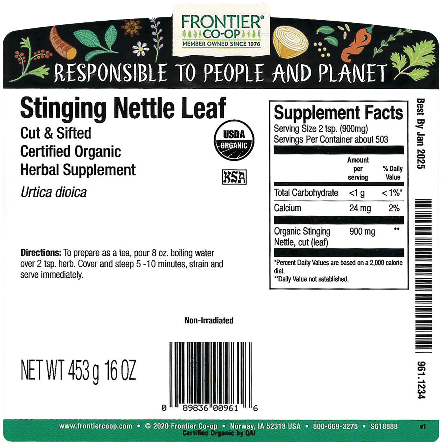 FNP018 | Back label of Frontier Co-op Stinging Nettle Leaf herbal supplement showing supplement facts, directions, barcode, net wt 453 g