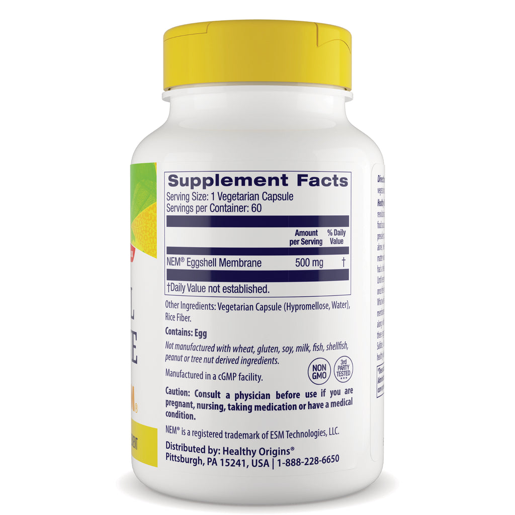 HRG203 | back of white supplement bottle showing Supplement Facts panel listing NEM Eggshell Membrane 500 mg and contains Egg warning - Thumbnail