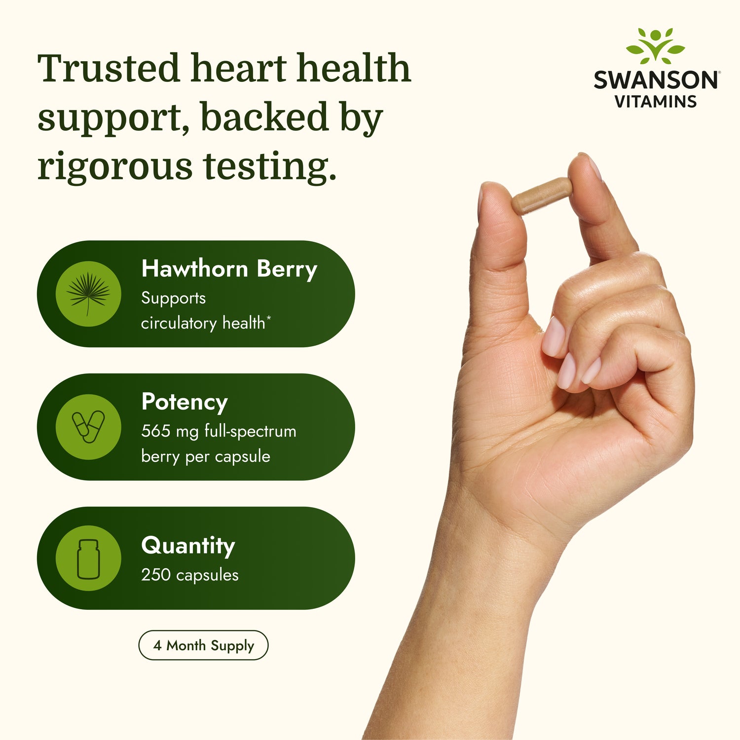 SW773 | Swanson Hawthorn Berry bottle labeled 565 mg per capsule, 250 capsules; blood circulation support and antioxidants