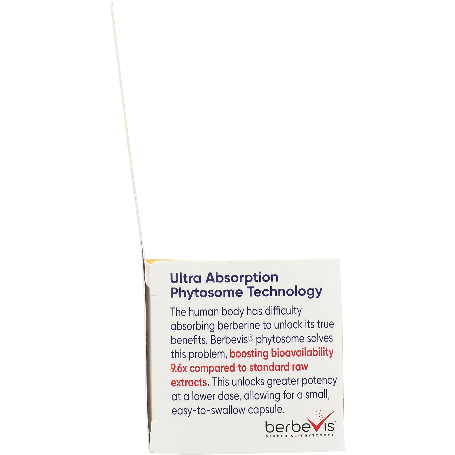 EMD101 | Back panel of Berbevis box reading Ultra Absorption Phytosome Technology with description about boosting bioavailability