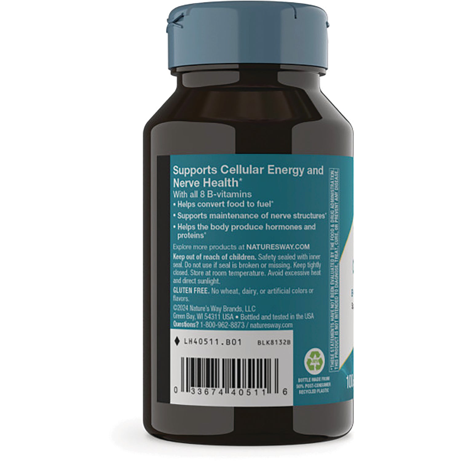 NW332 | Back of supplement bottle with teal label showing benefits text, barcode, and recycling symbol