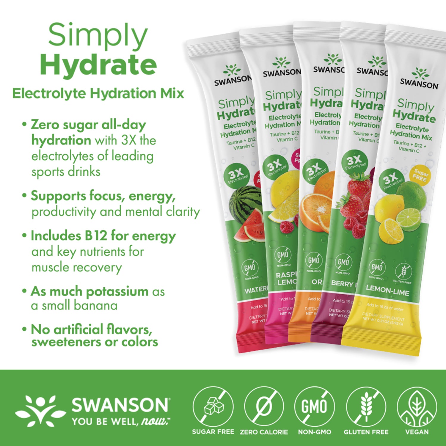 SW1929 | Simply Hydrate electrolyte hydration mix sachets with flavor images and benefit bulletpoints