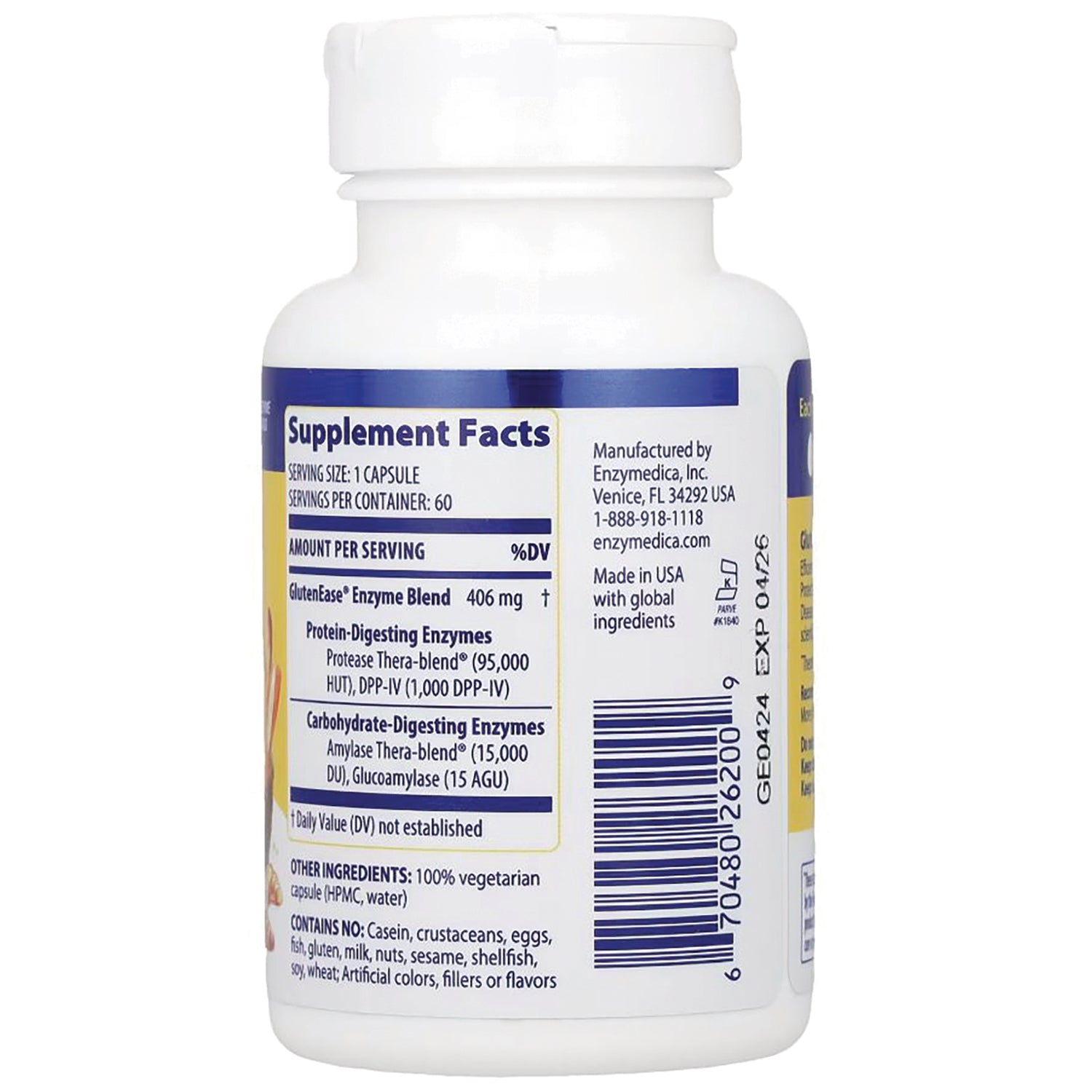 EMD012 | Back label of white supplement bottle showing Supplement Facts panel, ingredients, barcode, and manufacturer info