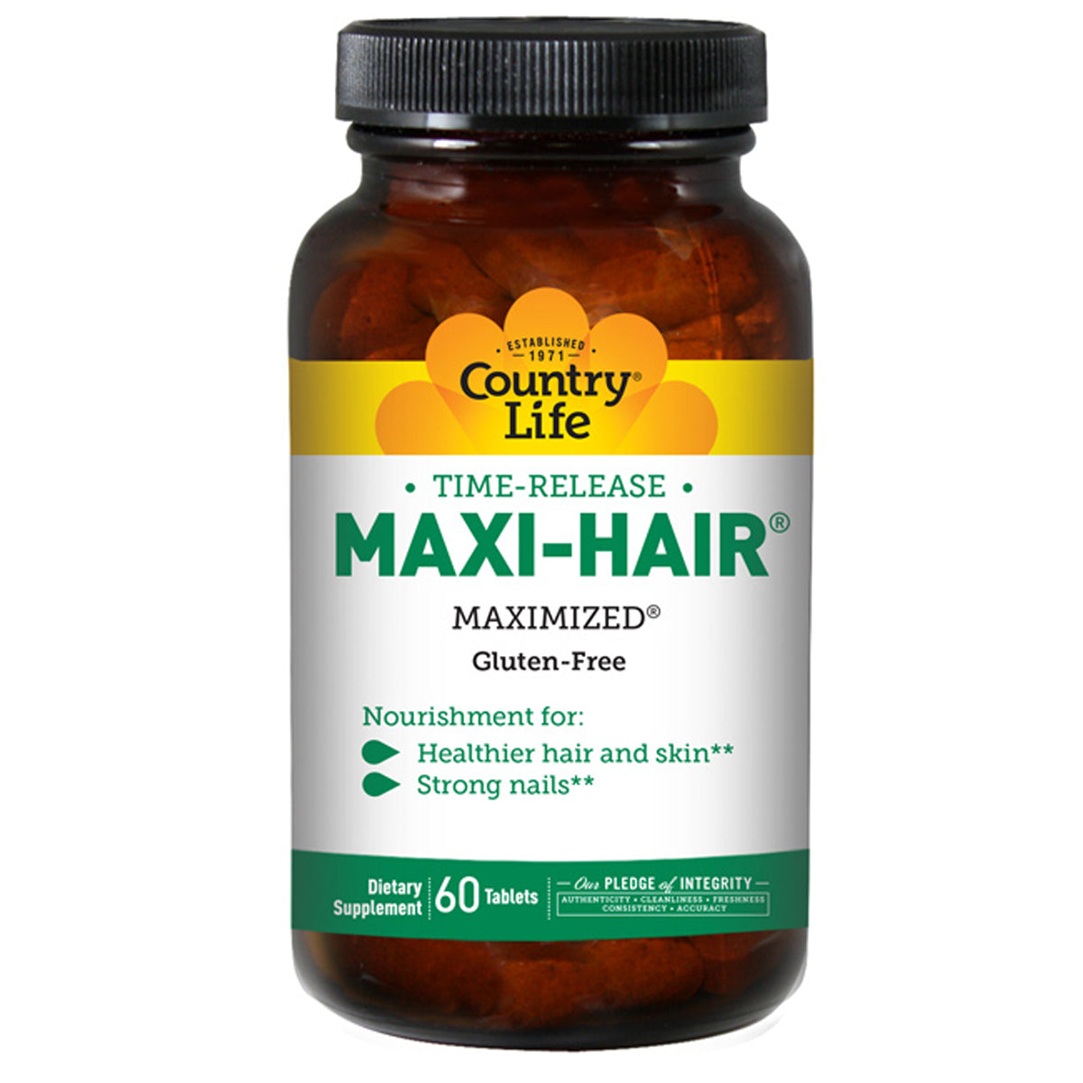 CRL184 | Country Life MAXI-HAIR time-release dietary supplement bottle, 60 tablets, gluten-free
