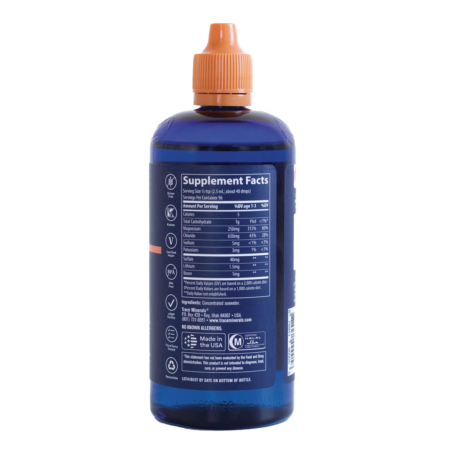 TM012 | Back label with Supplement Facts panel on Trace Minerals bottle