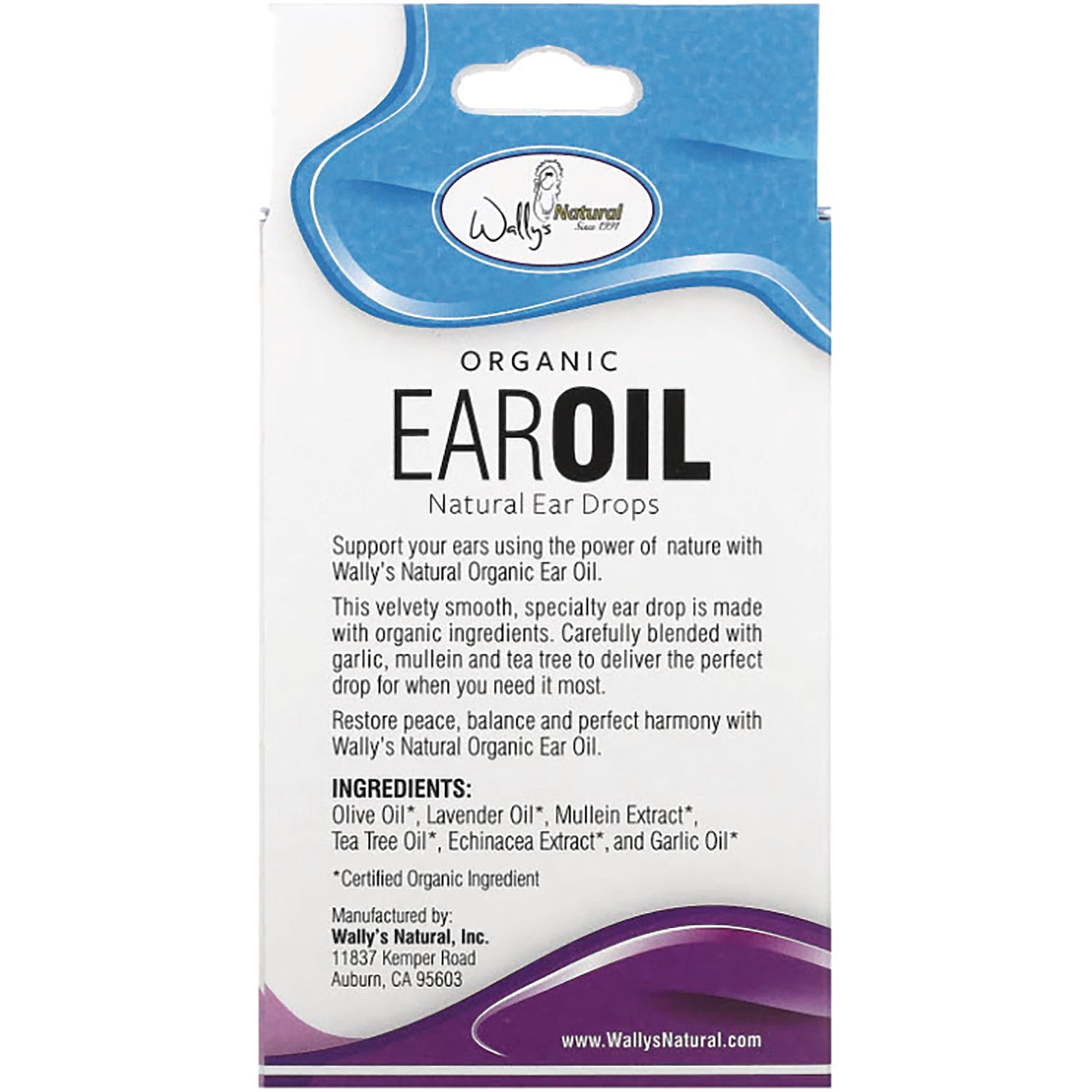 WLY006 | Wallys Natural Organic Ear Oil box back with ingredients: olive oil, lavender oil, mullein, tea tree, echinacea, garlic