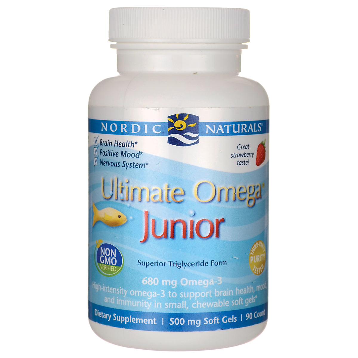 NRN038 | Nordic Naturals Ultimate Omega Junior bottle, strawberry-flavored chewable omega-3 soft gels