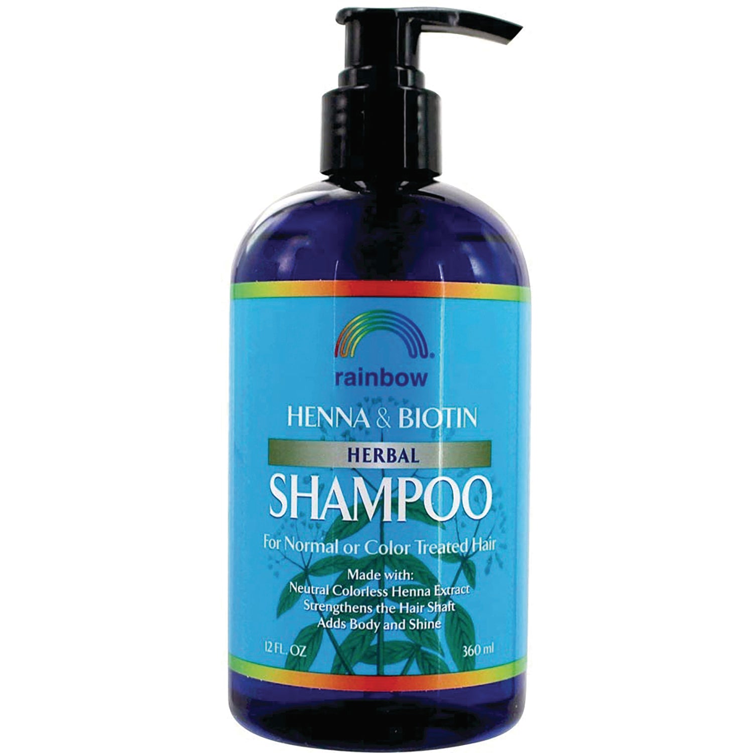 RBR003 | Blue pump bottle of Rainbow Henna & Biotin herbal SHAMPOO labeled for normal or color treated hair 12 FL OZ