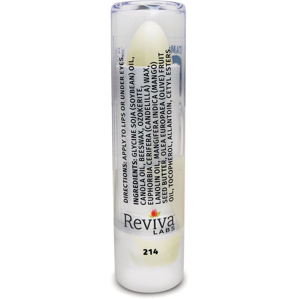 RV101 | Back of clear Reviva Labs lip balm tube showing ingredients and directions text, Reviva Labs logo and printed number 214 - Thumbnail