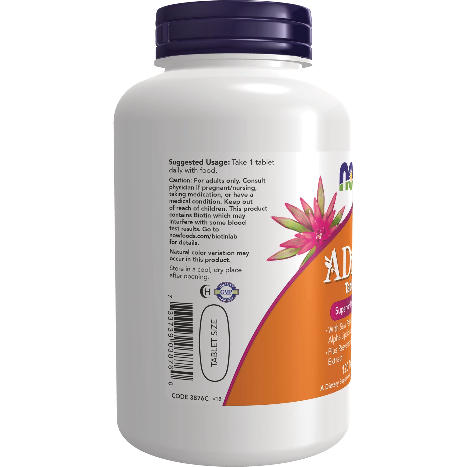 NWF016 | Back label of white supplement bottle showing suggested usage text, barcode, and tablet size oval