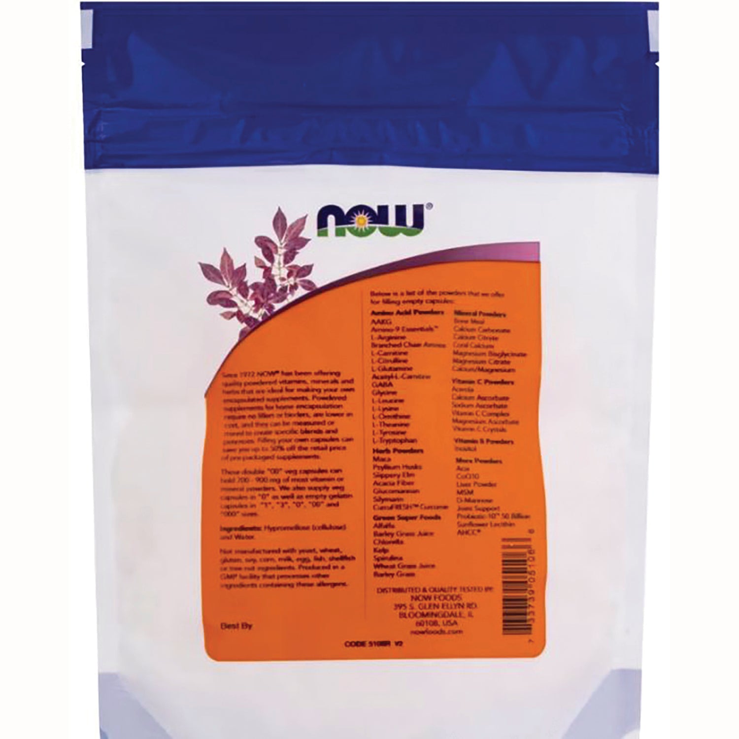 NWF1174 | Back of white and blue NOW Foods pouch with orange ingredient panel and barcode