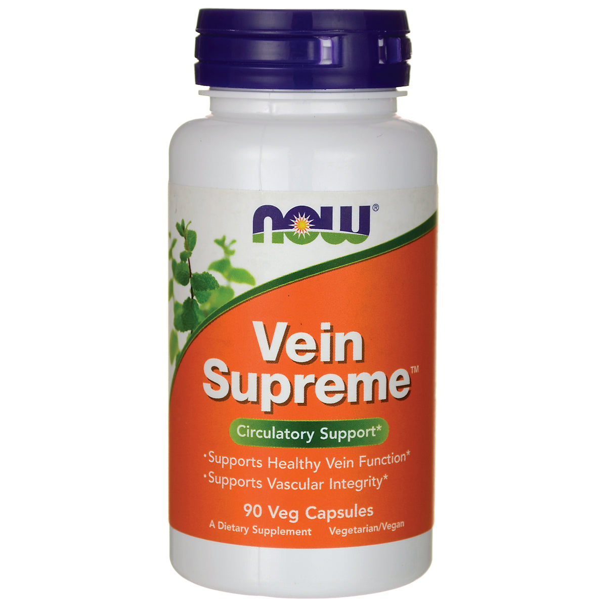 NWF998 | NOW Vein Supreme supplement bottle with orange label reading Vein Supreme and Circulatory Support 90 Veg Capsules