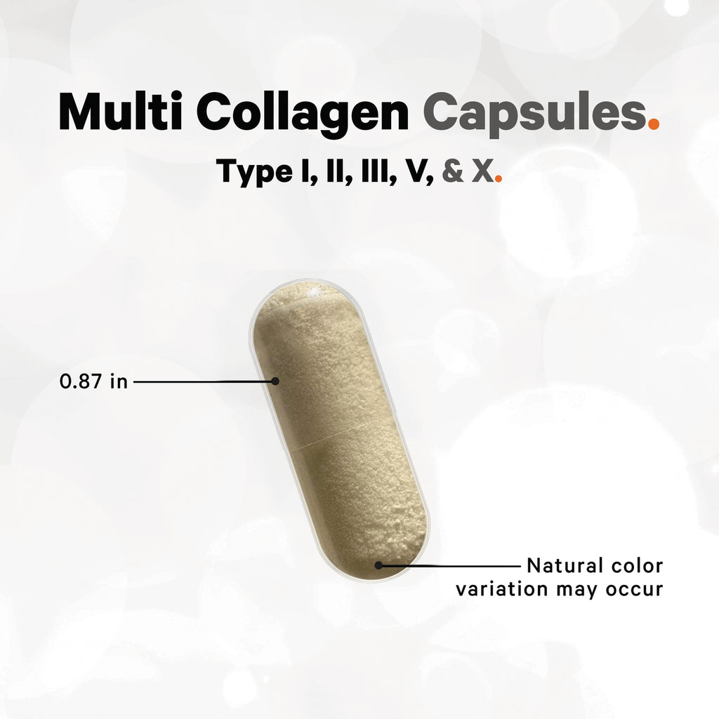 CDG026 | product infographic of a beige multi collagen capsule labeled 0.87 in and Natural color variation may occur - Thumbnail