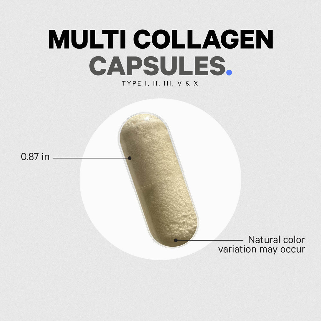 CDG026 | product infographic of a beige multi collagen capsule labeled 0.87 in and Natural color variation may occur - Thumbnail