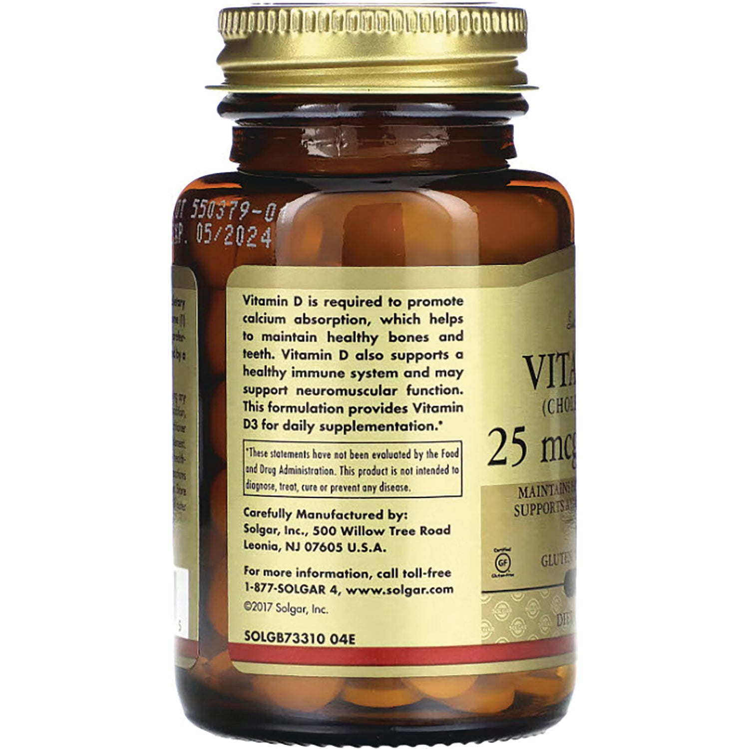 SLG245 | back label of amber supplement bottle showing Vitamin D 25 mcg, usage text, manufacturer and lot code